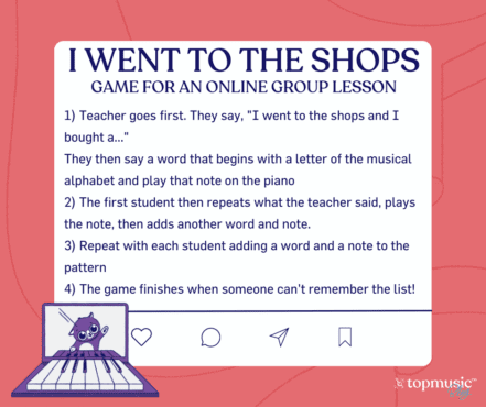 Instructions for "I Went To The Shops" a game for online group piano lessons