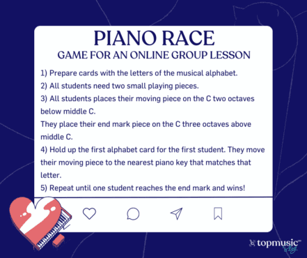 Instructions for "Piano Race" a game for online group piano lessons